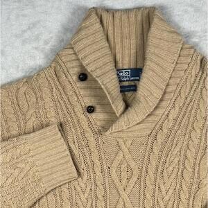 Vintage Polo Ralph Lauren Beige Sweater Mens 2XL Cable Knit Shawl Lambs Wool Vtg